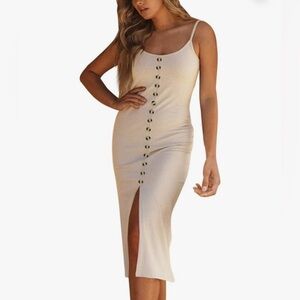 3 for $10 Feditch Bodycon Button Front Midi Dress Front Slit Tan Beige Small NWT